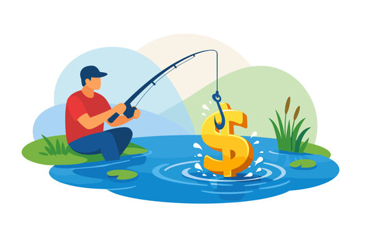 Man fishing for money symbol in water illustration.