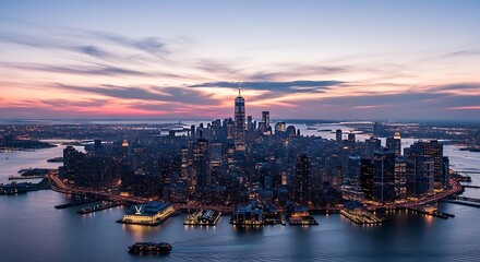 Fototapeta premium Panoramic aerial view of a vibrant city at dusk, featuring illuminated modern skyscrapers and a stunning twilight sky reflecting over the serene river, capturing urban beauty