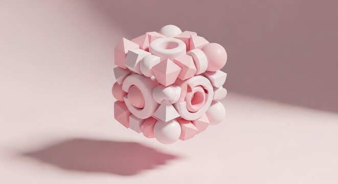 Pink 3 D geometric shapes cluster floating in air background wallpaper poster banner download 2026 2027
