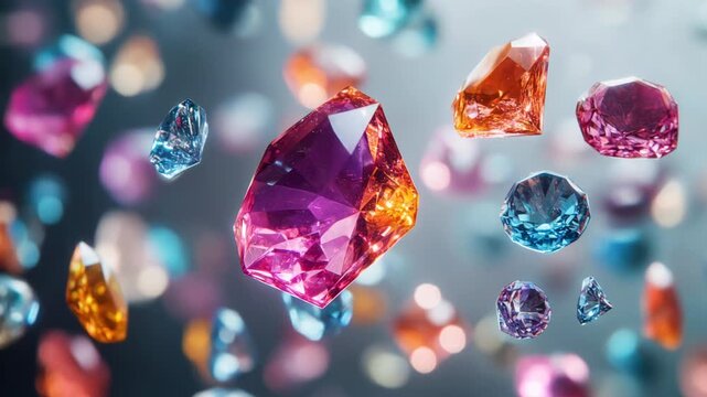 Beautiful shiny diamonds and jewels of various colors floating on a bright background