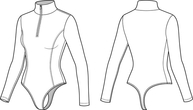 Fashion technical sketch of a long sleeve bodysuit with half zip front and high neck collar, front and back view template