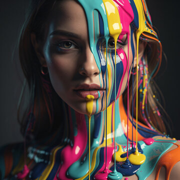 Female Face Melting into Flowing Colorful Paint Streams Representing Emotional Transformation Identity and Expressive Surreal Wall Art Poster Scene