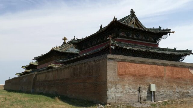  Sucred building of an ancient Buddhist monastery on the background of the blue sky.  Erdene Zuu monastery. Kharkhorin, Mongolia.
