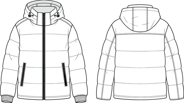 Puffer jacket flat sketch, hooded coat, quilted outerwear, front zipper closure, ribbed cuffs, fashion apparel technical drawing, garment construction illustration front back view