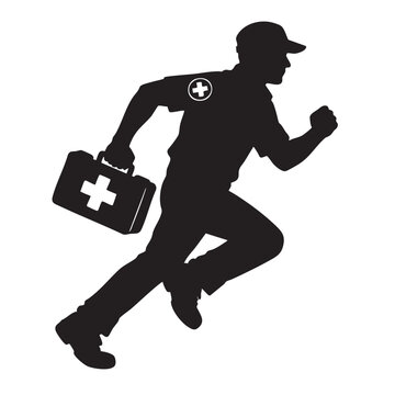 Emergency paramedic doctor running with first aid kit silhouette for medical rescue concept.