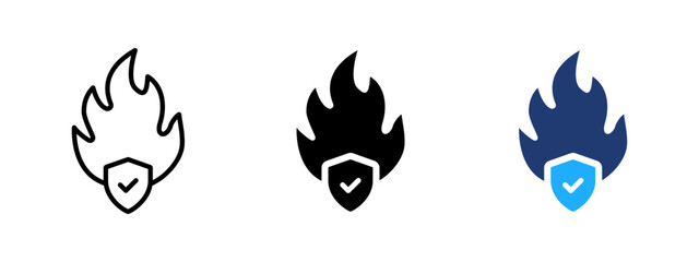 Secure fire icon with shield. Flame and protection symbol. Burn, blaze and hazard sign. Safety and guard concept representing controlled fire and risk prevention.