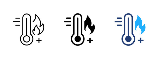 High temperature thermometer icon. Heat, hot and thermal symbol. Flame, burn and energy sign. Temperature and warning concept representing high heat and hot conditions. © Chelpanoff