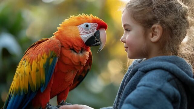 Adorable child making friends with a beautiful scarlet macaw, showing a special bond with nature