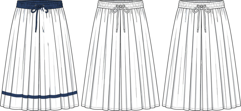 Set of technical fashion sketches for pleated midi skirts with drawstring waistbands including navy blue trim details for apparel design templates