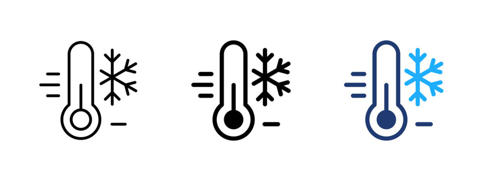 Low temperature thermometer icon. Cold, icy and freeze symbol. Chill, frost and snow sign. Temperature and alert concept representing low heat, cool conditions, and cold monitoring.