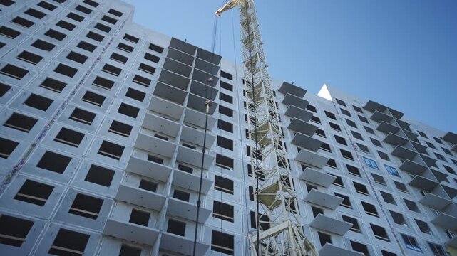 High tower crane stands near incomplete multistory building at construction site. Modern lifting machine works at residential complex development