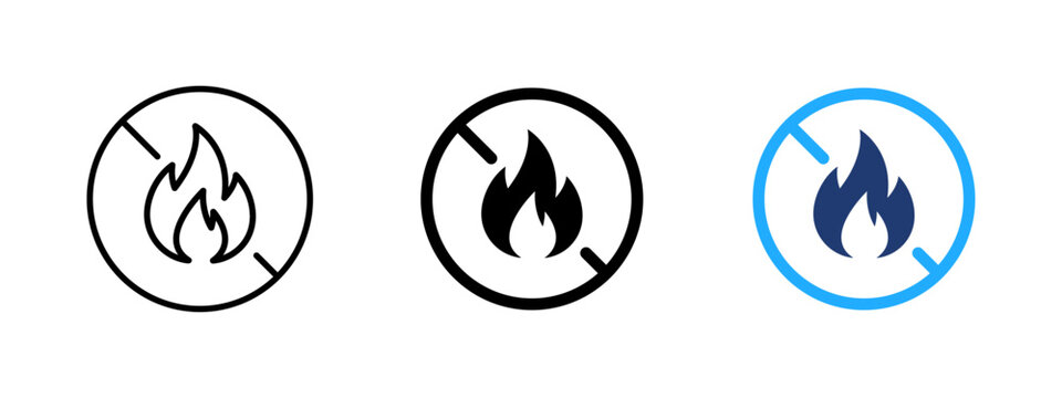 No fire icon with crossed flame in circle. Fire ban and prohibition symbol. Warning, danger and safety sign. Forbidden fire concept representing restriction and no flame usage.