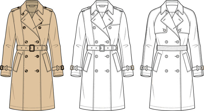 Technical fashion sketch of classic double breasted trench coats for women including belted waist and epaulettes for autumn winter apparel design