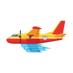Naklejka premium Rescue airplane with medical symbol flying over water