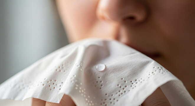 Person holding handkerchief close to face , allegry   