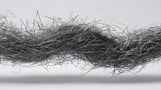 Macro Close-Up of Twisted Steel Wool Fibers Creating an Industrial Abstract Texture Against a Neutral Gray Studio Background