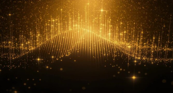 Golden digital abstract landscape with sparkling lights and grid lines