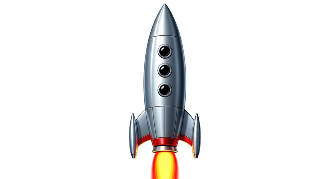 Classic silver rocket launching upwards with bright orange flames isolated on white background representing startup success and growth