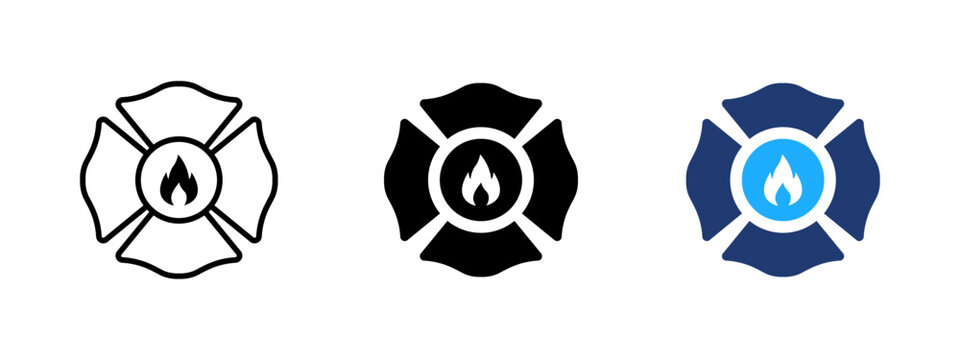 Fire department badge icon. Classic four-petal symbol of fire station. Firefighter, emergency, safety and hazard sign representing protection, rescue, and fire service emblem.