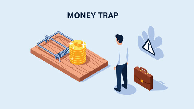Businessman looking at a mouse trap with a stack of gold coins representing the concept of a financial trap or a risky investment.