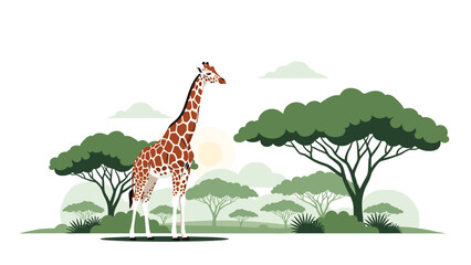 Obraz premium Majestic giraffe stands tall in an African savanna landscape with scattered acacia trees and a soft sun setting on the distant horizon.