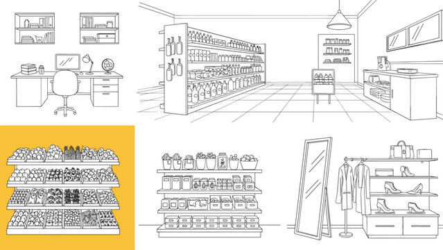 Collection of hand-drawn sketches showing various retail store layouts including a supermarket, clothing boutique, and office workspace.
