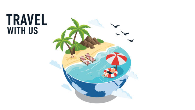 Creative travel concept depicts a tropical island paradise with palm trees and a swimmer tucked inside a sliced globe of the earth.