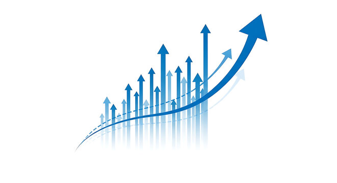 Abstract business growth concept with blue upward moving arrows, dynamic financial increase and market progress on white background, market development