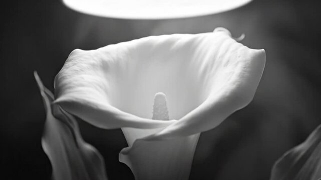 Black and white close-up of a calla lily flower illuminated by a focused spotlight revealing detailed textures and shapes.