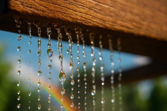 Sparkling water droplets falling from wooden beam with rainbow in background