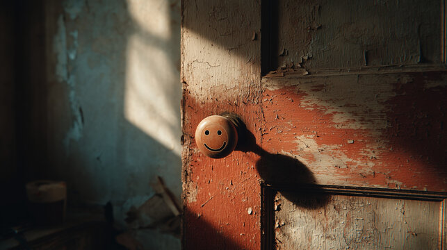 Whimsical door knob with smile abandoned room photography sunlit environment close-up view cheerful concept