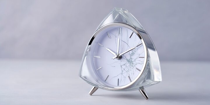 triangular alarm clock made of glass with its face cracked, on a light grey background