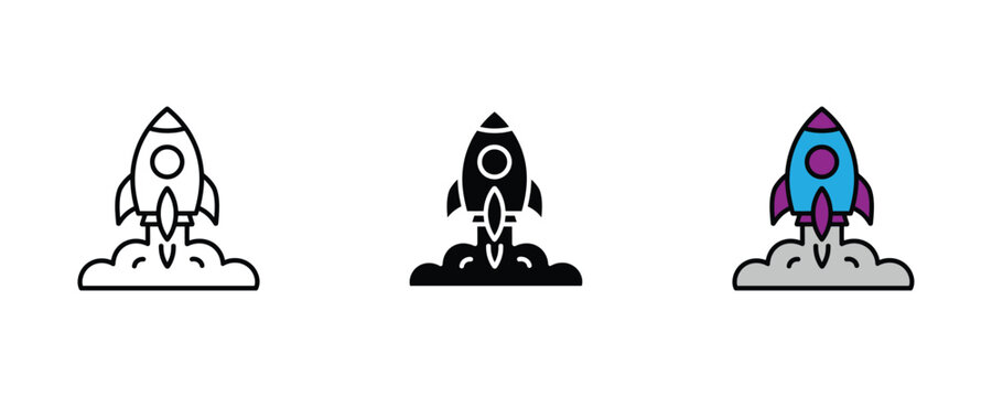 Space rocket launch with smoke clouds for startup mission, business growth and project blast off icon set. Vector Illustration.