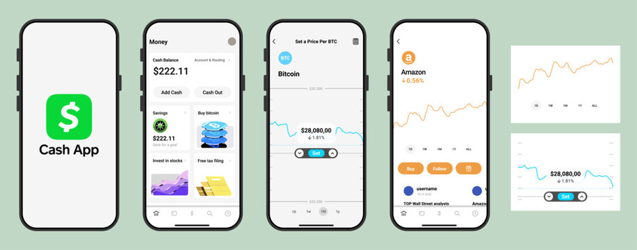 Cash App finance app UI mockup template. Cash App mobile banking interface design for payment transfer investing and cryptocurrency application.