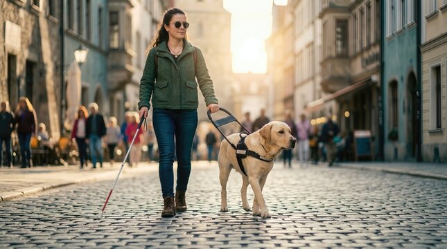 Blind woman with sunglasses walks her guide dog along a cobblestone street in a historic city, with people and buildings visible in the background