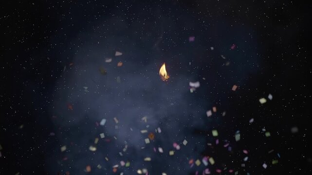 New Year's cracker exploded powerfully and a cloud of confetti fly away in smoke on black background. Slow motion. High speed camera