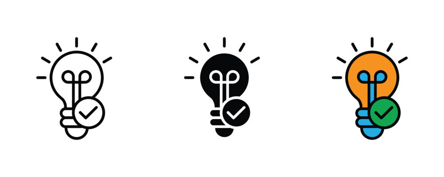 Shining light bulb with check mark for creative idea validation, solution discovery and successful innovation icon set. Vector Illustration.
