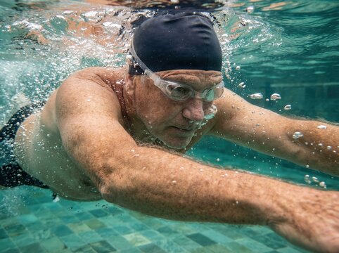 Man swimming underwater with goggles and cap