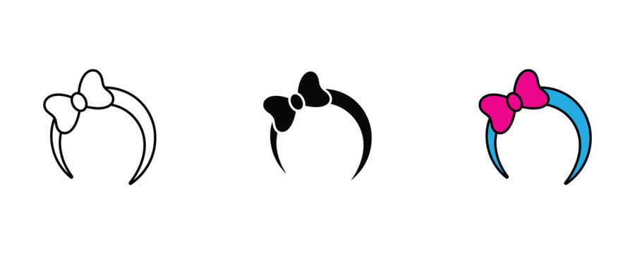 Cute headband with bow for girl hair accessories, fashion headpiece and beauty salon icon set. Vector Illustration.