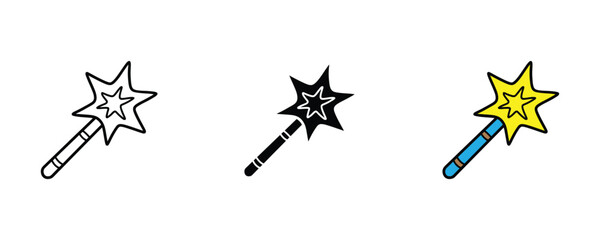 Magical star wand for fantasy wizard, fairy tale enchantment and magic trick performance icon set. Sparkle stick symbol. Vector Illustration. © NH RIDOY