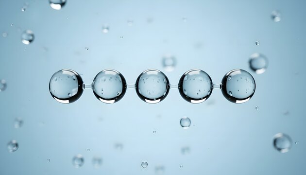 Water droplets fall on surface with six aligned beads on blue background