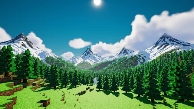Panoramic view. Voxel mountain landscape with a pine forest and snow-capped peaks. Blocky style. Gaming virtual world.