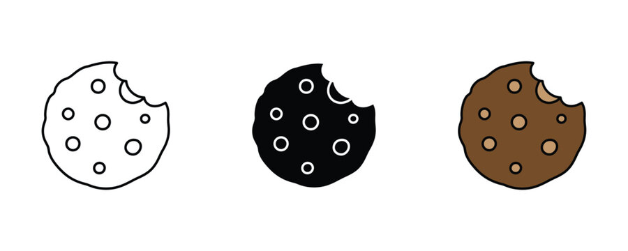 Sweet chocolate chip cookie with bite mark for bakery shop, delicious snack and homemade dessert icon set. Bitten biscuit symbol. Vector Illustration.