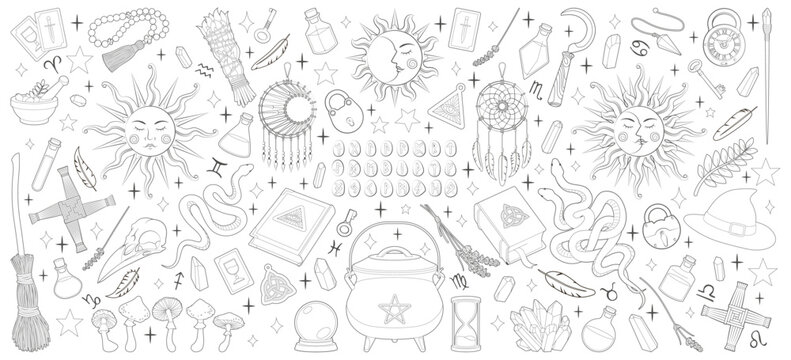 Magic items. Hand drawing illustration.	