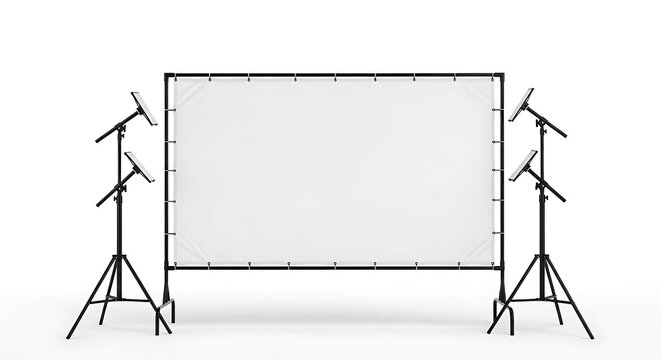 Blank presentation screen with teleprompters on stands in a studio setting
