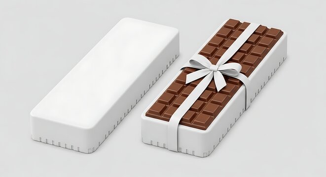 Elegant white gift box mockup featuring a delicious chocolate bar tied with a white ribbon