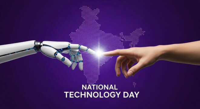 Robot and human hand touching on National Technology Day