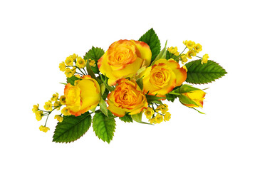 Small yellow and red rose flowers in a floral arrangement isolated on white or transparent...