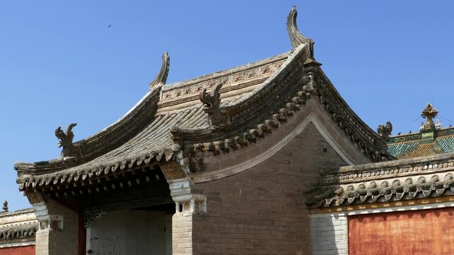  Ritual architecture of an ancient Buddhist monastery on the background of the blue sky.  Erdene Zuu monastery. Kharkhorin, Mongolia.
