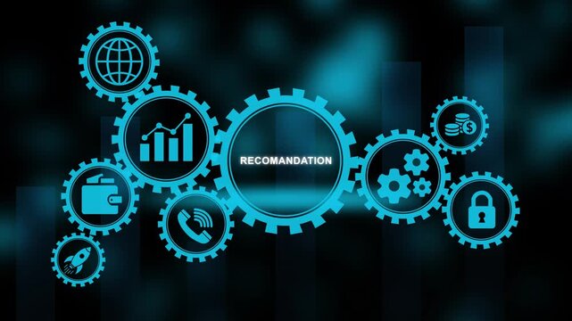 Cyan gears with icons for recommendation system and business concepts on dark blurred background cogwheels